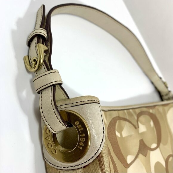 COACH Signature Shoulder Bag Purse Optic Large 7656 Cream Tan Canvas & Leather - Picture 4 of 16